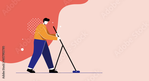 Stylized illustration of a person sweeping or pushing, representing effort, tidiness, and moving forward. Ideal for business or lifestyle concepts.