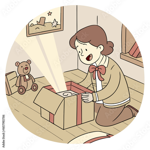 Vector art of a girl kneeling in a room, opening a box with a beam of light shining out, a teddy bear nearby, full of wonder