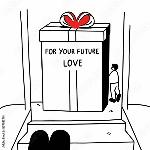 Vector art of a giant gift box with a message for your future love sits on steps, a symbol of hope and romantic anticipation