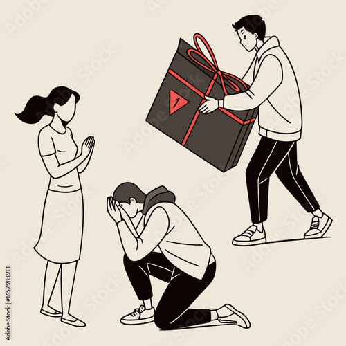 Vector art of a man carries a large gift box while another kneels in despair as a woman looks on with expectation and anticipation