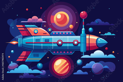 Vector art of a vibrant cartoon rocket soars through a colorful cosmos, surrounded by planets and stars, ready for an intergalactic adventure
