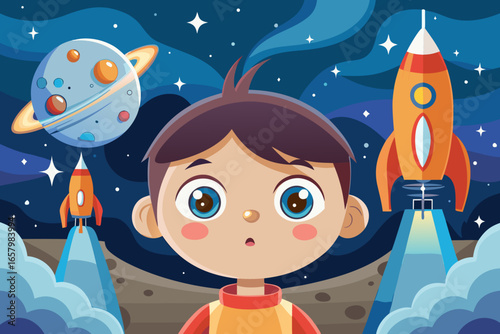Vector art of a wideeyed boy gazes at a vibrant space scene with rockets and planets, sparking imagination and a sense of cosmic wonder