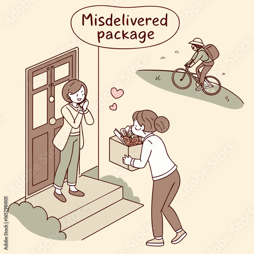 Vector art of a woman receives a misdelivered package at her door while a cyclist rides by, creating a humorous and relatable scene