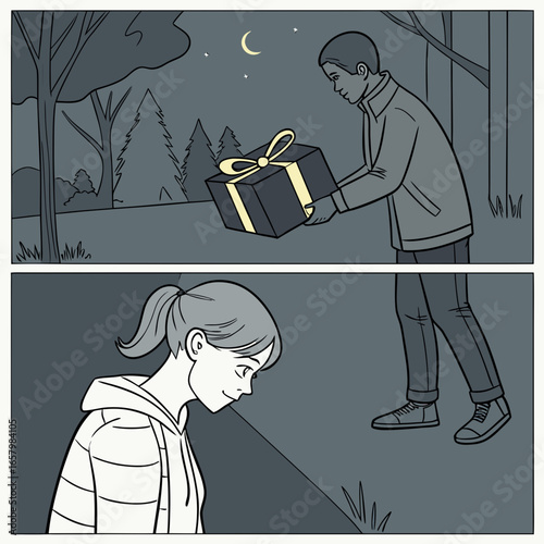 Vector art of a young man gives a gift to a young woman under the moonlight in a forest, creating a romantic and heartwarming scene