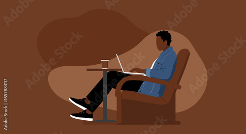Man working on laptop with coffee in a relaxed cafe or home setting. Ideal for remote work, study, and leisure concepts.