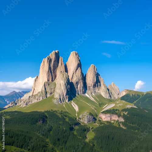 Hills strewn with karst peaks towering above green
