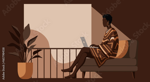 African American woman works remotely on laptop from a comfortable home balcony, embodying modern digital lifestyle and flexible business. Ideal for productivity concepts.