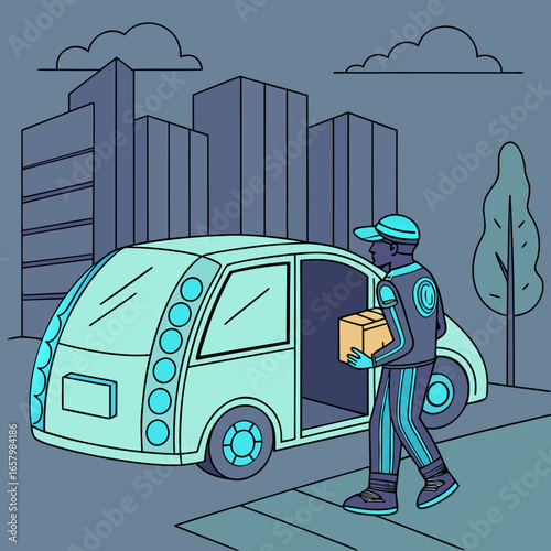Vector art of delivery driver with package next to selfdriving car in city, illustrating modern transportation and distribution