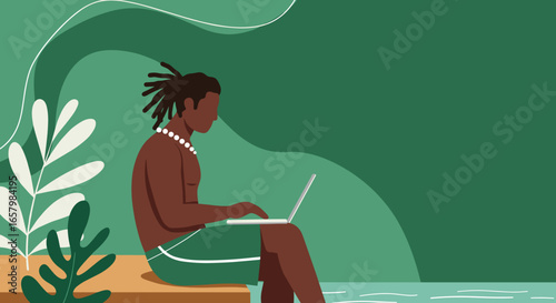 A man works on a laptop poolside or by the water, embodying remote work and digital nomad lifestyle in a relaxed tropical setting.