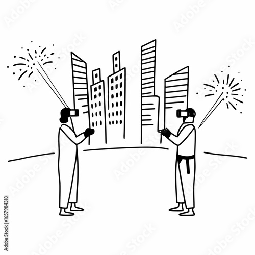 Vector art of people using virtual reality headsets to experience a futuristic city with fireworks, showcasing modern technology and innovation