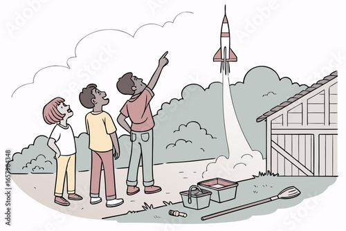 Vector art of three children watch a homemade rocket launch into the sky in their backyard on a cloudy day, a fun science project