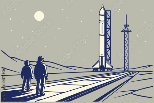 Vector art of two astronauts gaze at a towering rocket on a desolate landscape, evoking a sense of wonder and anticipation for space exploration
