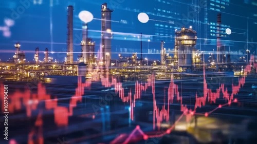 Oil Refinery at Night with Stock Market Graph Overlay - Industry & Finance
