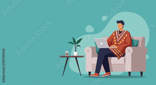 Man in patterned attire uses laptop comfortably from home, symbolizing remote work, digital nomad lifestyle, and flexible business.