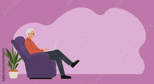 Smiling senior man comfortably uses a laptop in a recliner chair, depicting modern elder living, online connectivity, and comfortable remote work or leisure.