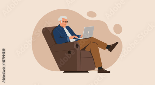 Elderly man relaxing comfortably in a recliner, using his laptop for browsing or remote work. Depicts modern senior lifestyle, technology use, and productivity.