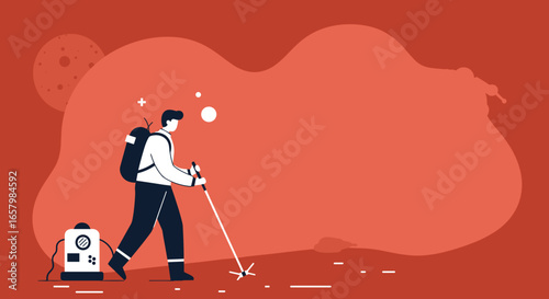 Explorer with backpack and walking stick journeys across a futuristic, alien planet landscape, symbolizing discovery and adventure.