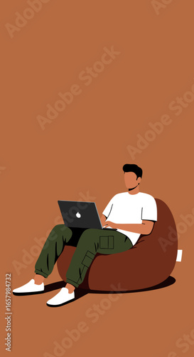 Young man comfortably working from home on a laptop, sitting on a beanbag chair. Ideal for remote work, digital lifestyle, and online education concepts.
