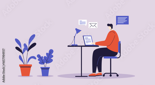 Person working on laptop at a desk with plants, showing remote work, online communication, and a productive lifestyle.