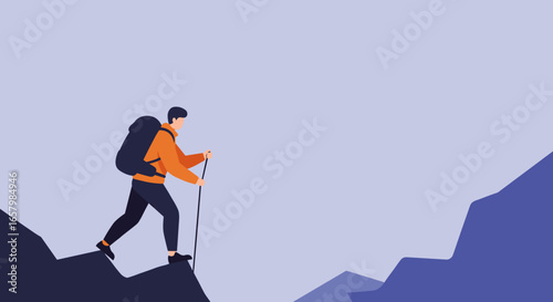 A determined hiker ascends a mountain path with a backpack and pole, symbolizing ambition, challenge, and overcoming obstacles on a journey or towards success.