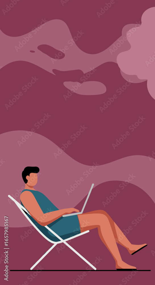Obraz premium Man relaxes in lounge chair while working remotely on laptop. Represents flexible work, digital nomad lifestyle, and modern career.