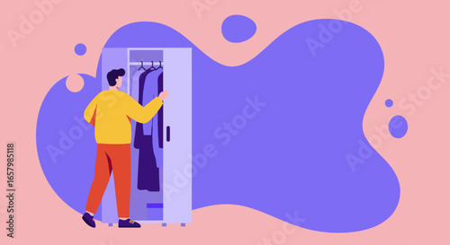 Man choosing clothes from a modern wardrobe, depicting daily routine, personal style, and home organization. Ideal for lifestyle or retail concepts.