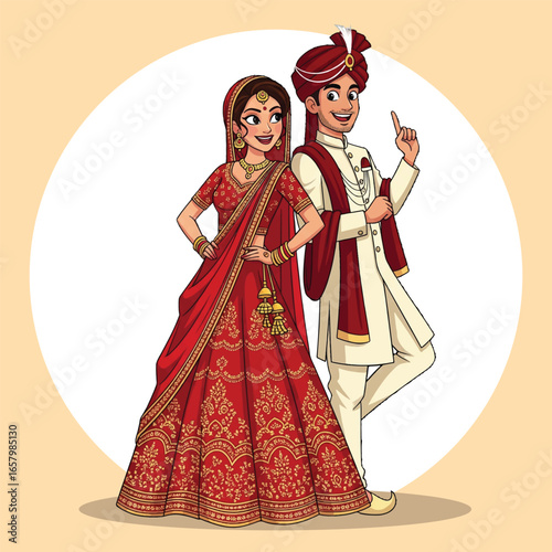 Cheerful Indian Wedding Couple Cartoon Illustration – Bride in Red Lehenga and Groom in Sherwani with Pagdi
