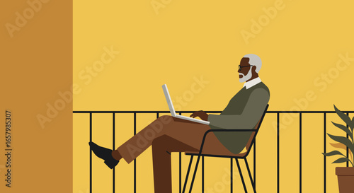 Senior man works on laptop from his home balcony, embodying modern work-life balance and digital connectivity. Remote work and leisure.