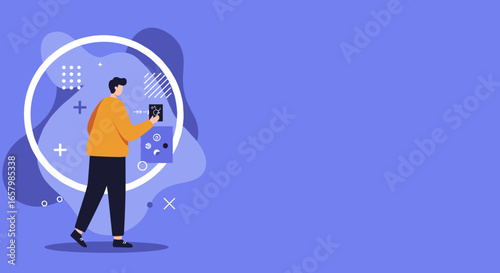 Man analyzing data on a device in a modern, abstract digital environment. Ideal for technology, business, or educational concepts.