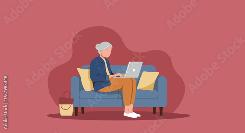 Elderly woman comfortably working or learning from home on a laptop, embracing technology and digital living. Ideal for remote work, lifestyle, or education concepts.