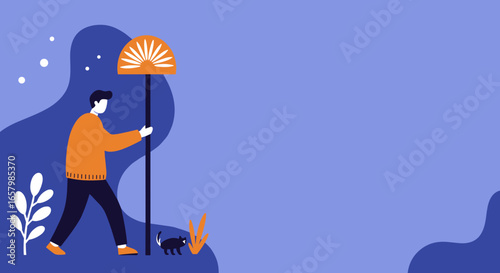 Modern flat illustration of a man strolling with his cat, holding a decorative lamp post. Ideal for lifestyle, urban living, and background designs.