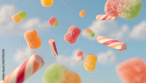 Delicious gummy candy sweets candies sugar colorful jelly confectionery dessert background treat food sky