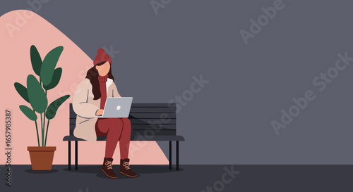 Woman working remotely on laptop outdoors or in a modern, calm indoor space. Concept of digital nomad, freelance, or online education.