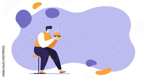 Man enjoying a steaming burger, perfect for fast food, restaurant, and delivery service promotions, representing quick and tasty meals.