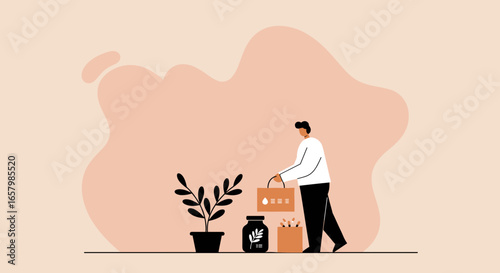 Man holding a shopping bag with natural health products, symbolizing wellness, self-care, and sustainable lifestyle choices.