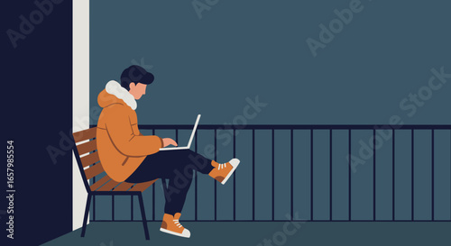 A person in a winter coat works on a laptop outdoors on a balcony, embodying remote work, study, or leisure. Ideal for technology, lifestyle, and business concepts.