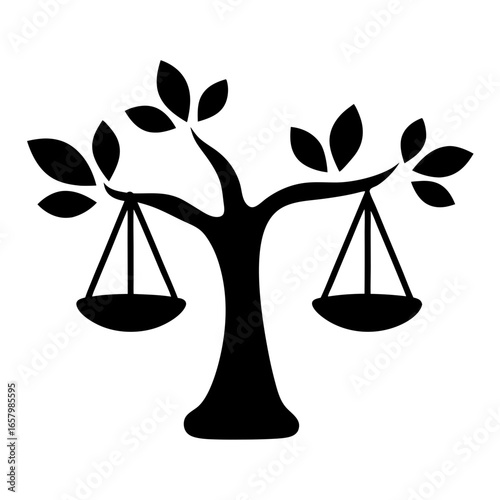 Stylized Tree of Justice Featuring Balanced Scales Hanging from Branches