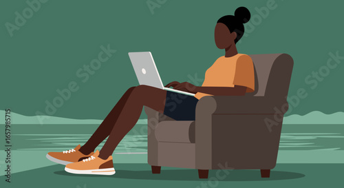 Person working remotely on laptop in a comfortable armchair, embodying flexible work, freelancing, and online education.