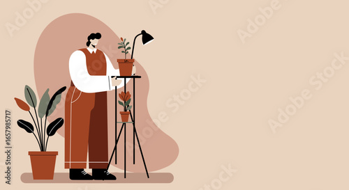Man cultivating houseplants, symbolizing connection to nature and domestic tranquility. Ideal for home gardening, wellness, or mindful living concepts.