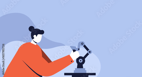 Person operating a robotic arm, symbolizing innovation, automation, and advanced technology in modern industry or scientific research. Ideal for AI, engineering, and future concepts.