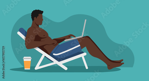 Man working on laptop in a beach chair, depicting remote work, digital nomad lifestyle, and flexible productivity. Ideal for summer, travel, or business.