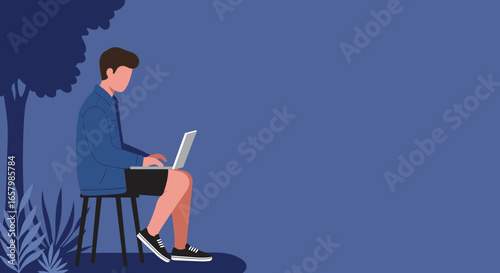 Young man working remotely on a laptop outdoors under a tree, showcasing flexible work, freelance, and digital lifestyle.