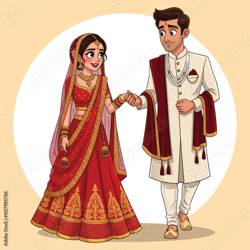 Cartoon Style Indian Wedding Couple Illustration – Bride in Red Lehenga and Groom in Cream Sherwani