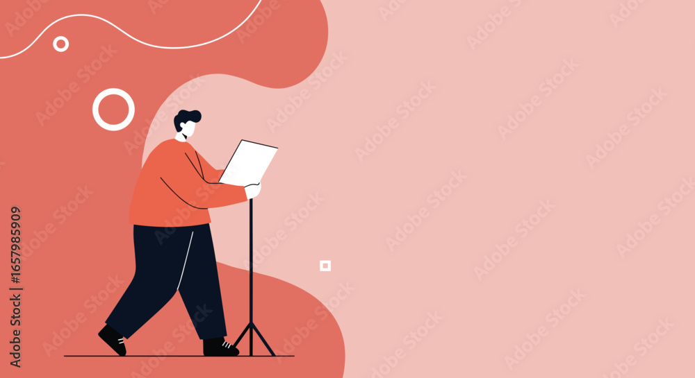 Fototapeta premium Man presenting or reading from a stand in a modern, abstract setting, perfect for concepts of education, public speaking, or artistic performance.