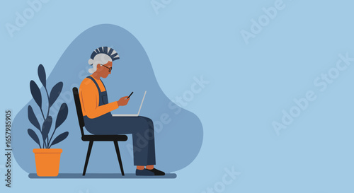 An elderly person with a modern hairstyle sits, engaged with a smartphone and laptop. Represents senior tech use, online learning, or digital lifestyle.