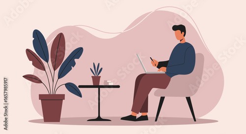 Man working remotely on laptop and phone in a comfortable home setting with plants. Represents digital nomad, flexible work, and modern lifestyle.