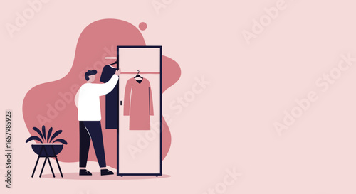 Man organizing clothes in a modern closet, highlighting concepts of home organization, personal style, and daily routine. Ideal for lifestyle.