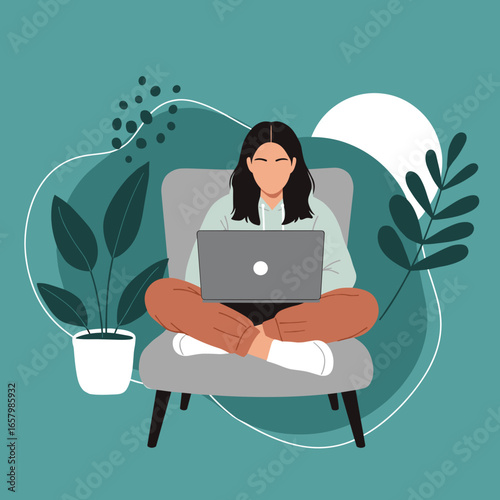 Young woman comfortably works or studies from home using a laptop. Ideal for remote work, online education, or digital lifestyle concepts.