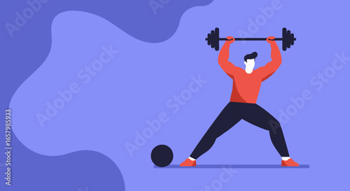 Illustrated man in red shirt performing an overhead barbell lift, symbolizing strength, fitness, and determination in a minimalist setting.