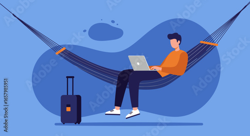 Man embraces digital nomad life, working remotely on his laptop from a relaxing hammock, with travel luggage nearby.